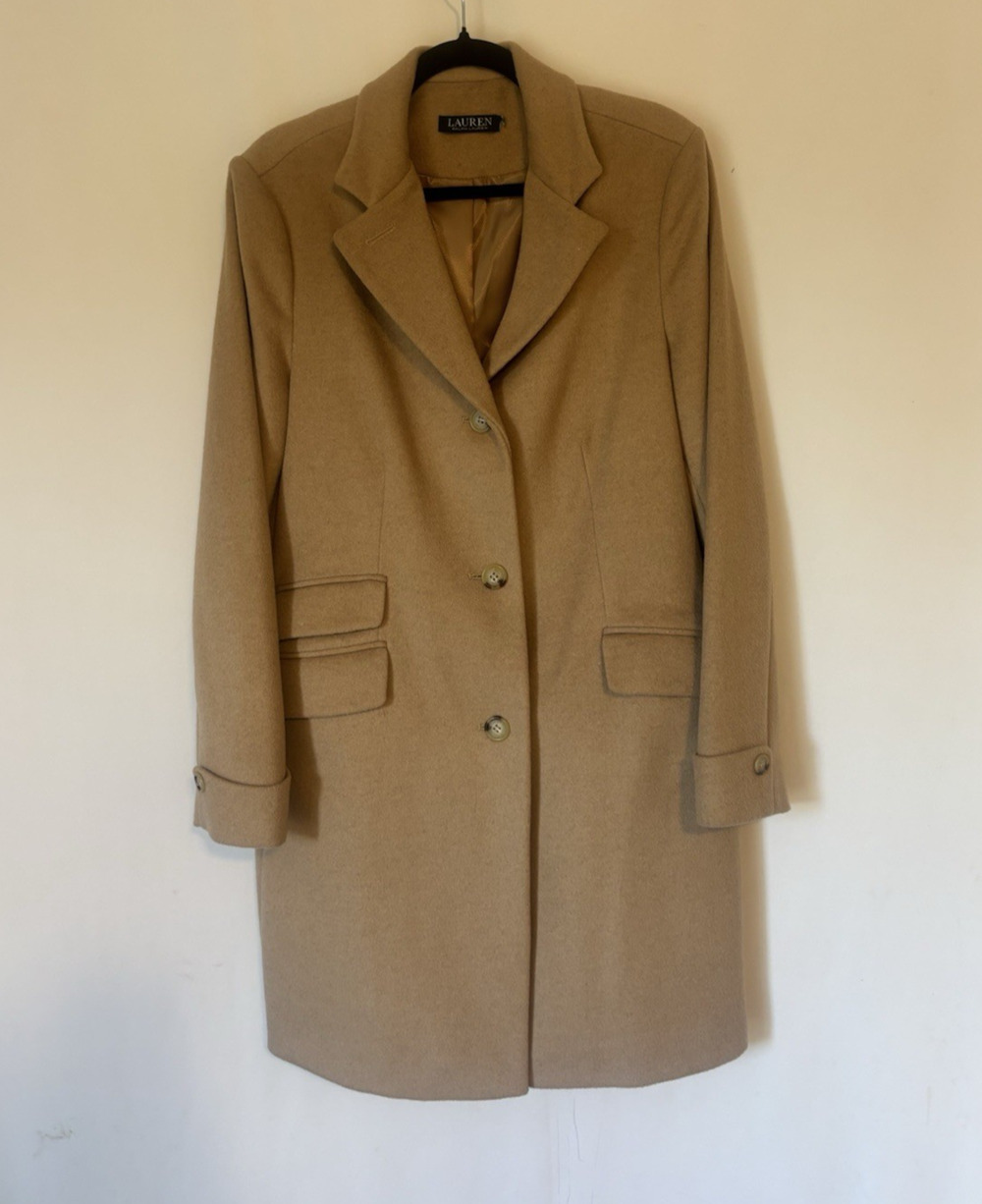 Ralph Lauren LRL Coat 14 Camel Wool Blend Buttons Classic Womens